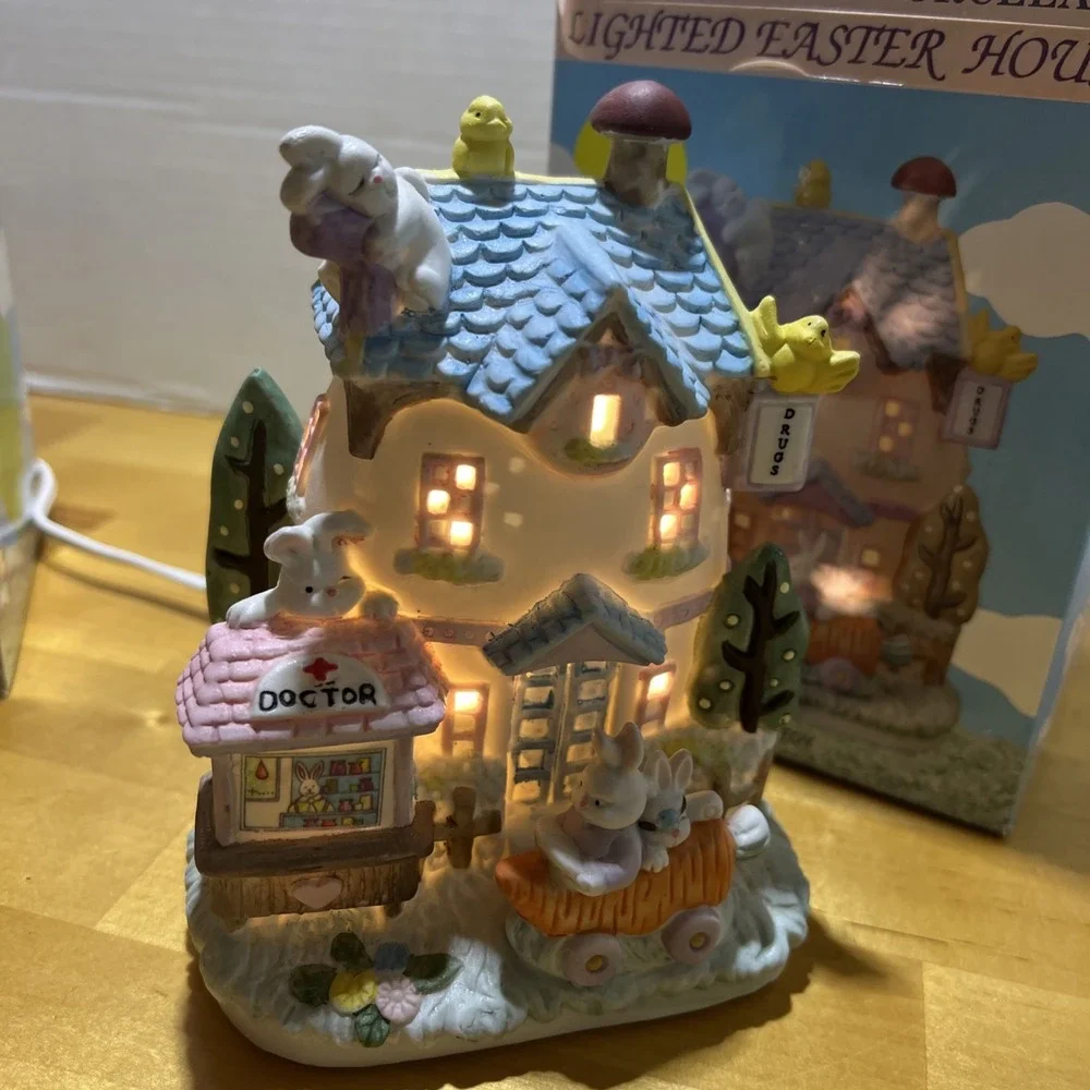 Vintage Bunny Towne Pair Hand Painted Porcelain Easter Houses Light Up